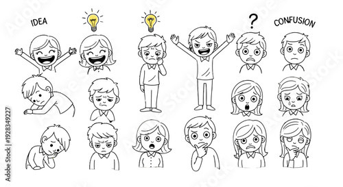 Cartoon characters expressing various emotions and reactions.