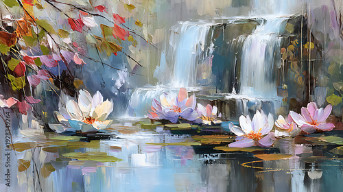 vintage oil painting of a garden pond with waterfalls and blooming lotus flowers, realistic muted tones, moody art peaceful 