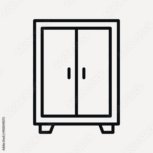 Simple black line of a two-door cabinet with rounded feet on a light grey background cupboard