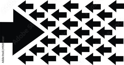 Large black arrow pushing through group of smaller arrows pointing opposite way