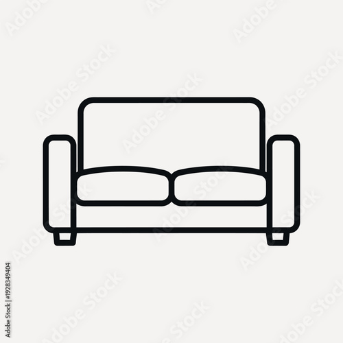 Simple black outline of a two-seater sofa with rounded arms and cushions on a light grey background