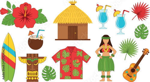 Collection of tropical summer holiday icons including tiki mask surfboard hula dancer hibiscus flower coconut cocktail and beach hut isolated on white background for travel design.