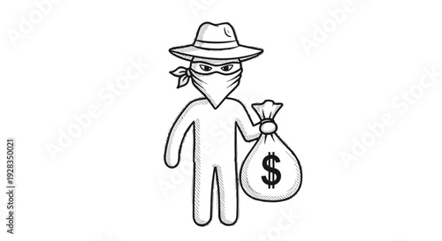 Cartoon thief holding a money bag with a dollar sign.