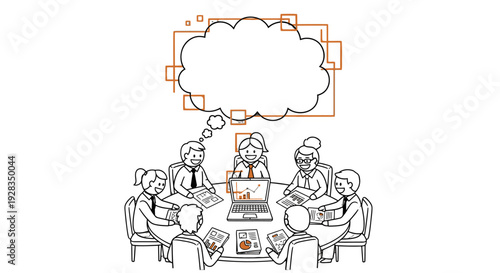 Group of people brainstorming around a table with a thought bubble.