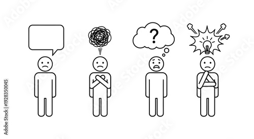 Simple line drawing of four stick figures with different emotional states.