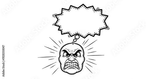 Angry face with speech bubble, cartoon style, black and white illustration.