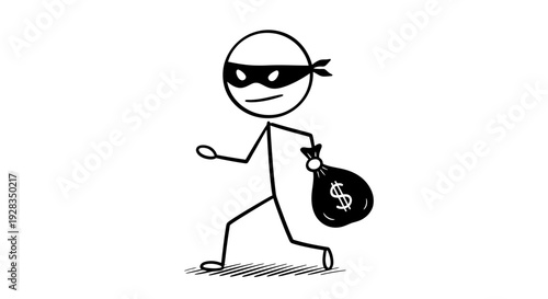 Simple stick figure character stealing money bag with dollar sign.