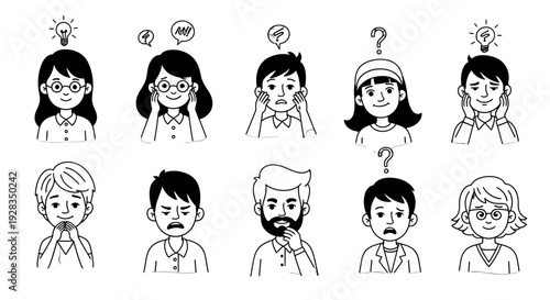 Diverse Cartoon Characters with Thought Bubbles and Ideas.