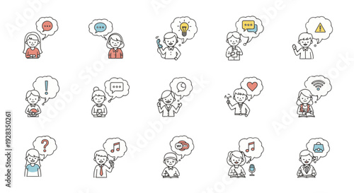 Cartoon characters expressing various emotions and thoughts.