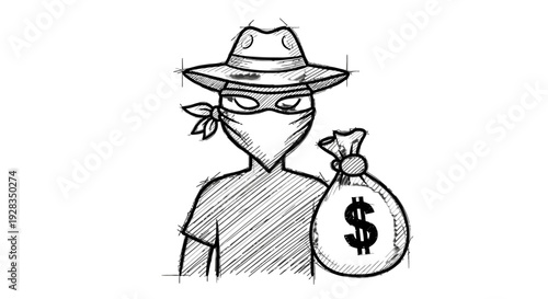 A masked thief holding a money bag with a dollar sign.