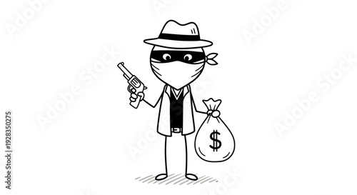 Cartoon illustration of a masked robber holding a gun and money bag.