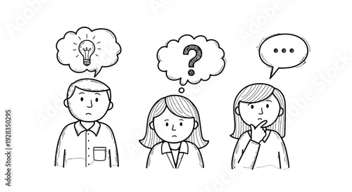 Three people thinking and communicating with thought bubbles.