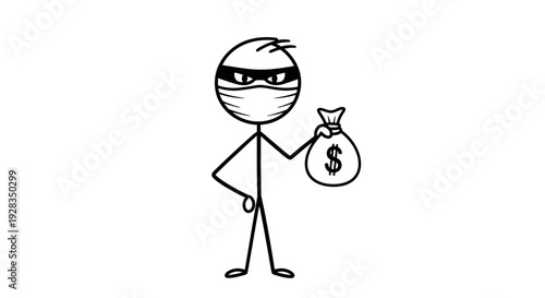 Simple black and white stick figure illustration of a masked thief holding a money bag.