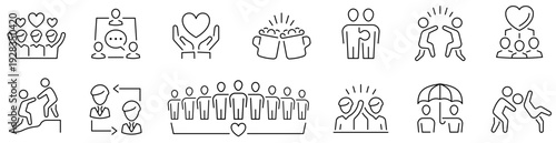 Friendship icons. Relationship icon set. Related friends. Editable stroke. Vector illustration.