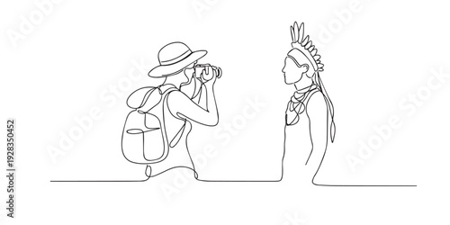 One line drawing of a tourist photographing a traditional native person. Hand drawn continuous line expressing travel, culture, respect, and human connection.