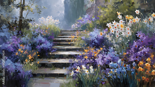 vintage oil painting of a terraced garden with steps lined by blooming hyacinths and daffodils, realistic muted tones, moody art peaceful , beautiful