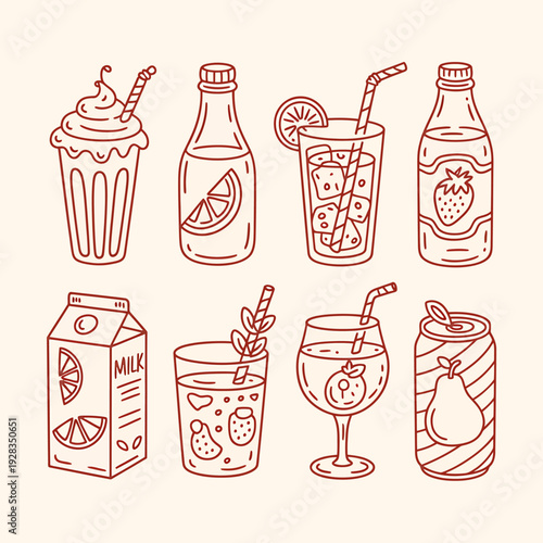 Collection of various beverage and dessert icons in line art style with cream background