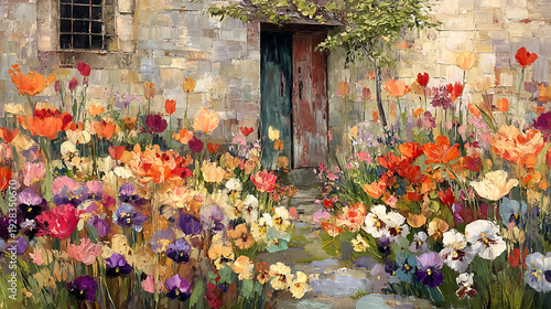vintage oil painting of an old stone cottage with a garden of tulips and pansies, realistic muted tones, moody art peaceful , beautiful 