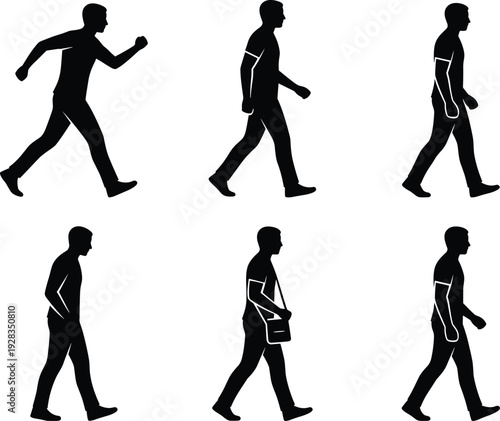 Collection of active man silhouettes in various walking and running poses including casual movement carrying a bag for urban life and architectural renders