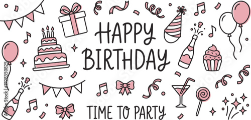 Happy Birthday Time to Party doodle vector set with pink elements