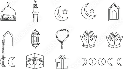 Islamic Icons Set: Mosque Dome, Minaret, Crescent Moon, Star, Prayer Hands, Kaaba, Rosary, Gift Box, Lantern, Window Frame - Ramadan and Eid Holiday Symbols