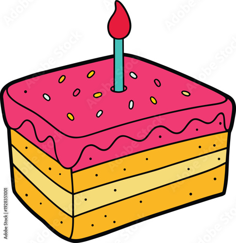 Vibrant cartoon slice of birthday cake with pink frosting and candle vector illustration EPS PNG file
