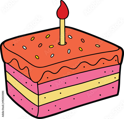Colorful cartoon birthday cake slice with lit candle vector illustration EPS PNG file