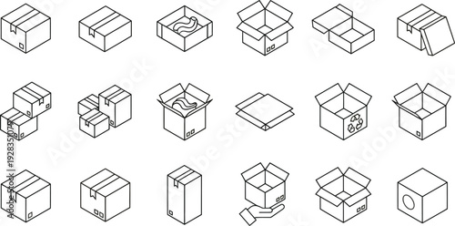 Cardboard boxes isometric line art collection features various open and closed packaging suitable for delivery, storage, and moving.
