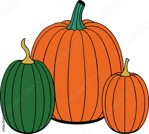 Three pumpkins and a green gourd on a white background vector illustration EPS PNG file