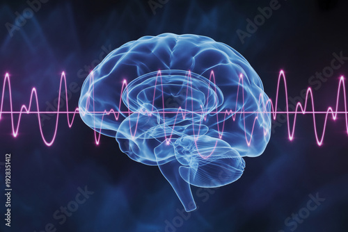 Glowing blue brain with vibrant pink neural waves on dark background