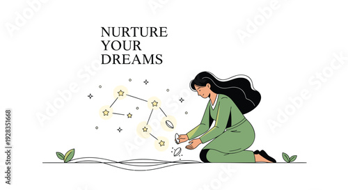 Woman nurturing dreams with stars and plants