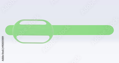 3d liquid glass button, slider on green line, strip isolated on a white background. 3d render of transparent button, with gradient and light dispersion, refraction and iridescent effects