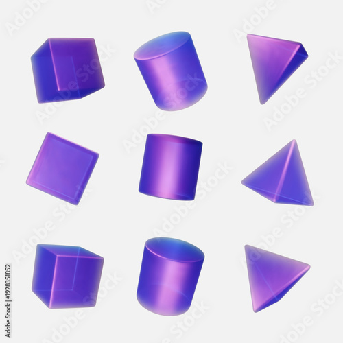 Set 3d iridescent hologram figure. Render geometry figure in purple, pink, blue colors. Vector illustration isolated on white for design projects, product display, presentation, adv