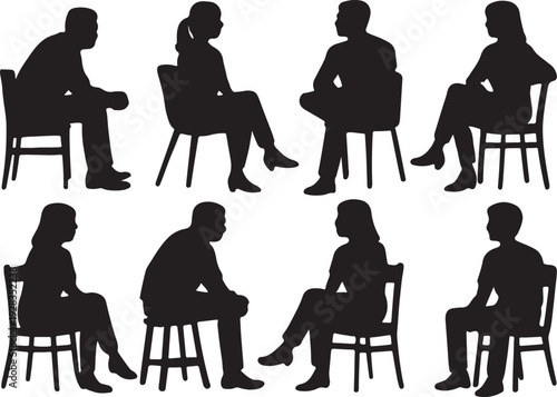 People sitting in various chair positions and looking sideways silhouette vector