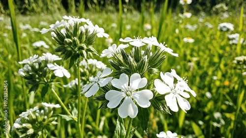 Close-up of white wildflowers with heart-shaped petals in a lush green meadow on a sunny day