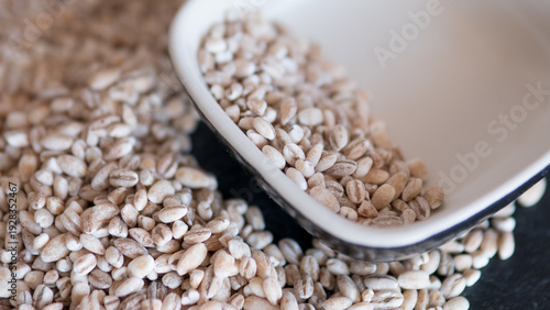 Pearl barley grains in portion cup on dark background healthy cereal ingredient