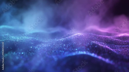 Abstract glowing particles and smoke in neon blue and purple light.