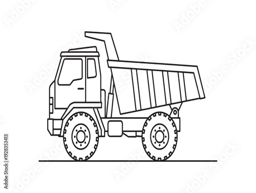 A black and white line drawing of a dump truck with a large bed and wheels