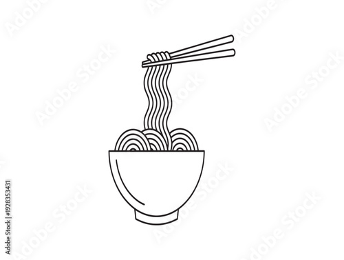 A bowl of noodles with chopsticks picking some up