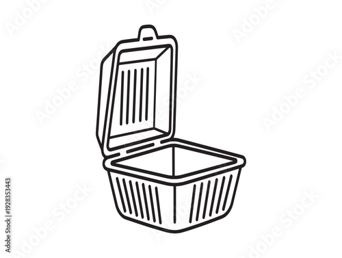 A black and white line drawing of an open basket with a hinged lid