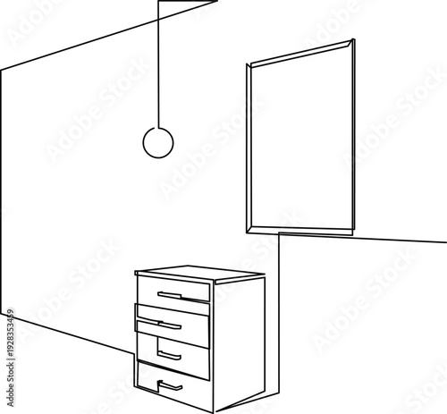 A simple diagram of a room with a hanging light fixture and a desk. Vector