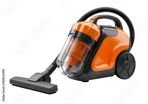 Orange vacuum cleaner with clear dust container isolated on a transparent background