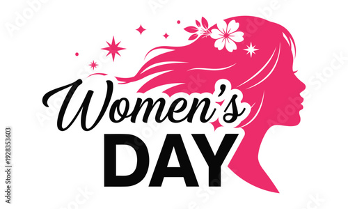 Women’s Day typography with pink female silhouette and floral elements, Women's day logo with pink silhouette