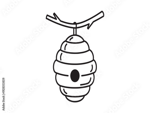 A simple line drawing of a beehive hanging from a branch