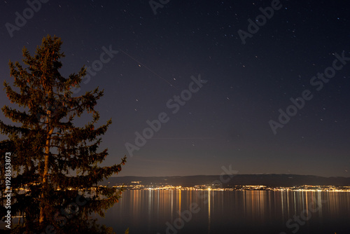 Bilde på lerret Night View of leman lake with Starry Sky