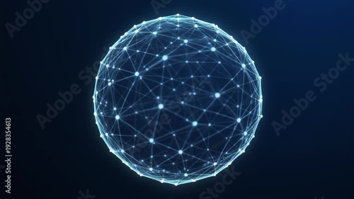 Abstract glowing sphere of interconnected nodes and lines on dark blue background.