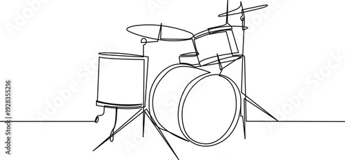 A detailed line drawing of a drum set with a snare drum and cymbals Vector