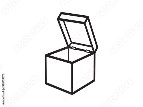 A simple line drawing of an open box with a hinged lid