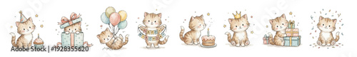 Handdrawn watercolor birthday kittens with presents, cake, balloons, banner. Collection of Vector illustrations. Perfect for invitation, card, poster, banner, decoration