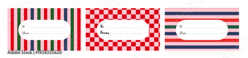 Christmas gift tags set in vector format. Festive striped and checkered labels for holiday packaging.